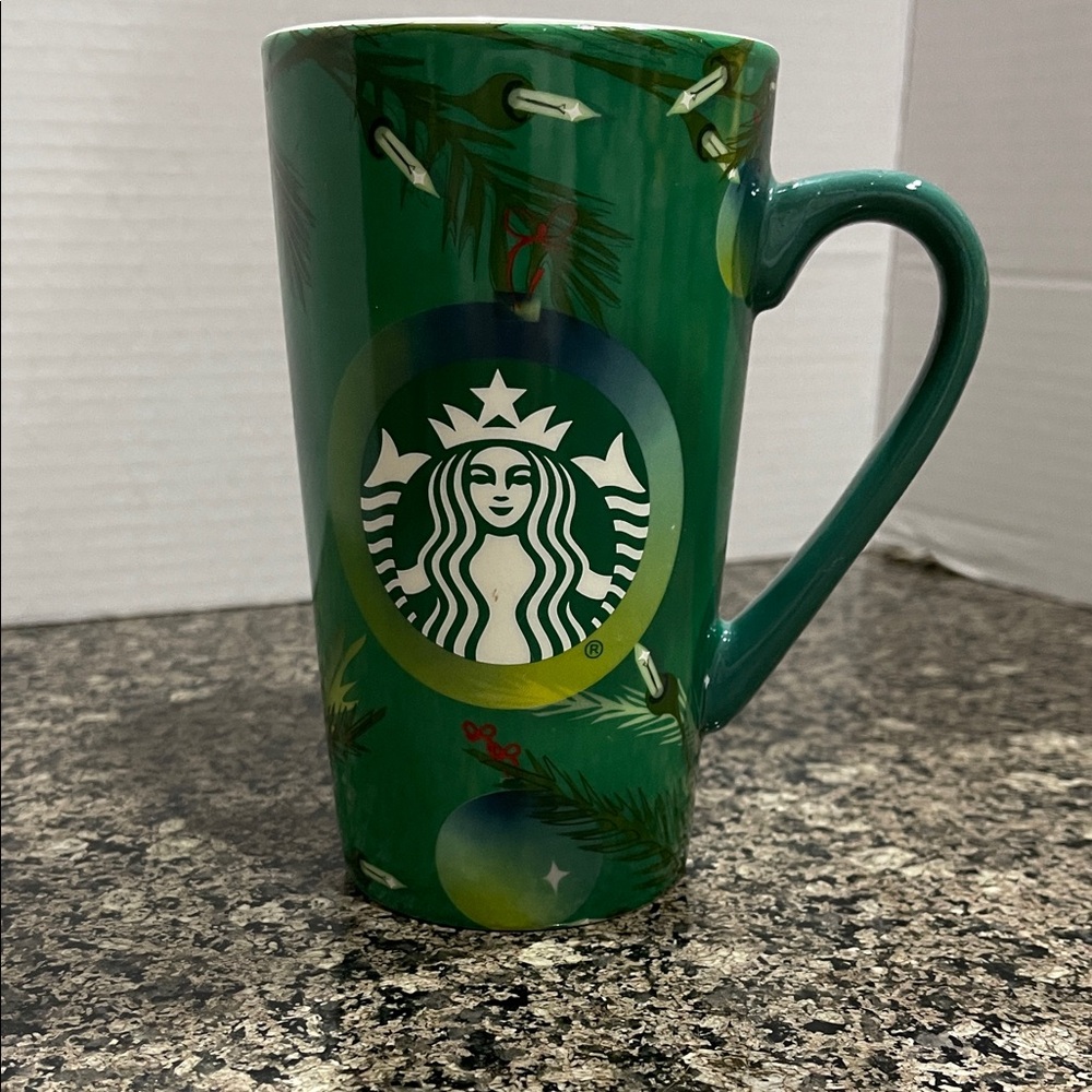 Starbucks Festive Green Mug with Pine and Ornament Design